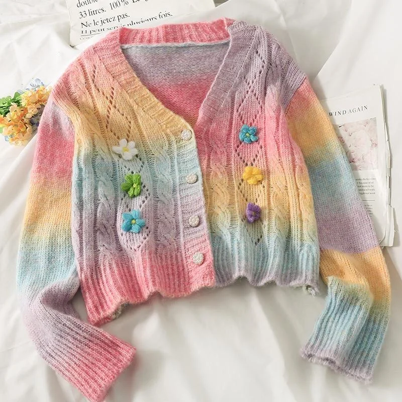 cable knit women cardigan with intricate patternsPastel Rainbow Cardigan