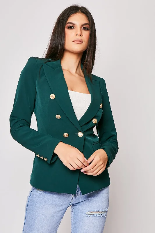 Plus Size Women's Military - Inspired Blazers with Gold Accents for a Bold LookRafal - Dark Green Gold Button Double Breast Blazer