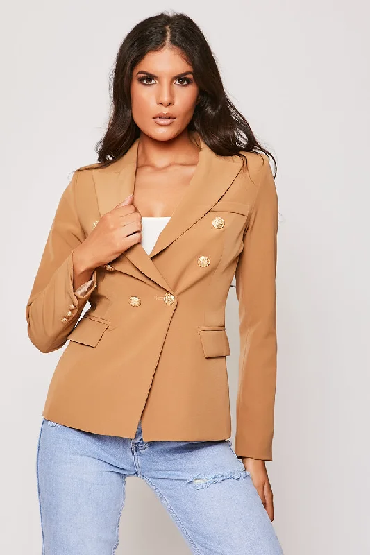 Single - Breasted Women's Linen Blend Blazers in Earth Tones for Casual WearRafal - Tan Gold Button Double Breast Blazer