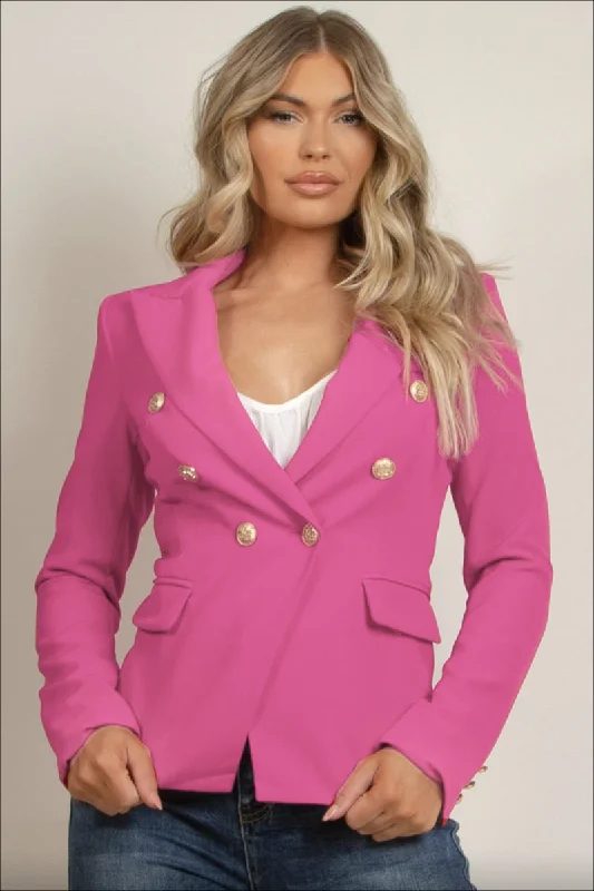 Plus Size Women's Double - Breasted Wool Blazers for Winter Office WearRafal - Magenta Gold Button Double Breast Blazer