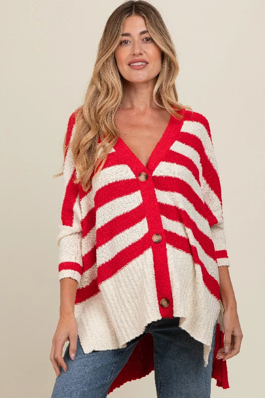 ribbed women cardigan with a classic textureRed Textured Knit Striped Oversized Maternity Cardigan