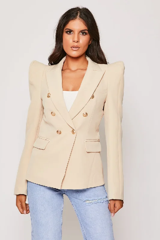 Women's Notched Lapel Blazers in Beige for a Timeless OutfitSavannah - Nude Gold Button Puff Sleeve Blazer