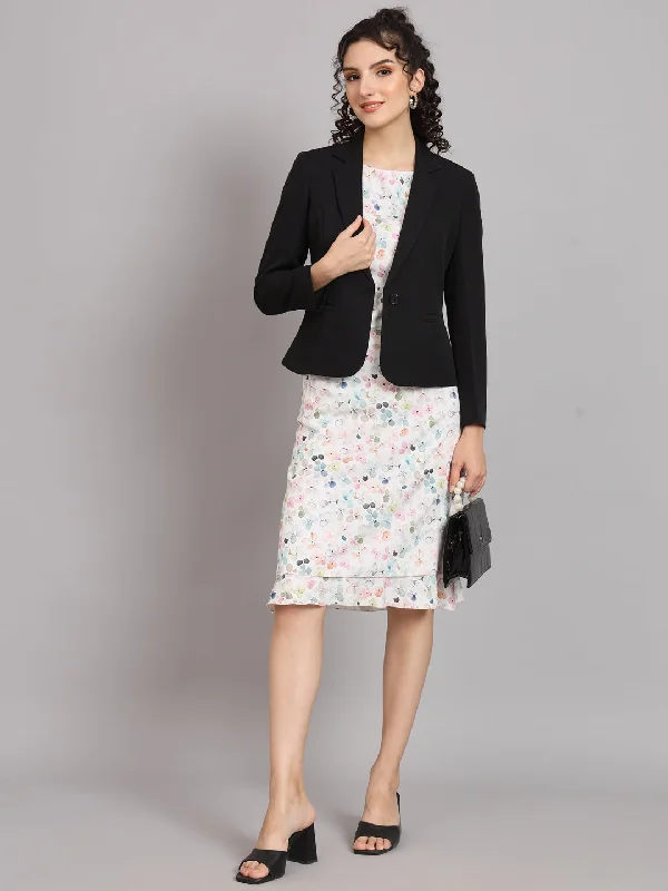 Women's Belted Blazers in Camel Color for a Sophisticated OutfitShort Notched Collar Blazer with Printed Frill Dress