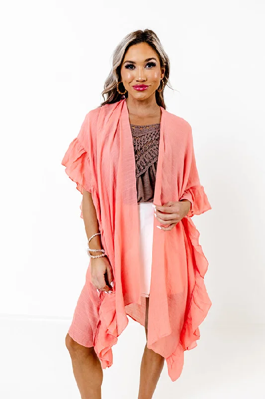 floral print women cardigan for a feminine touchSummer Rhythm Ruffle Overlay In Coral