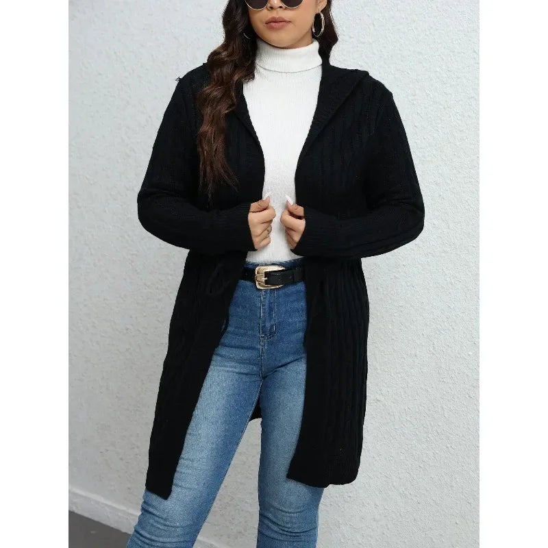 plus size women cardigan for comfortable layeringVersatile solid-color fashionable drawstring hooded knit loose casual top Cardigans