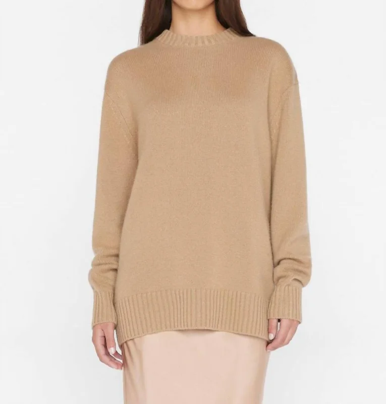 Plus Size Women's Turtleneck Sweater Dresses with Side SlitsBoyfriend Cashmere Crew Sweater In Light Camel