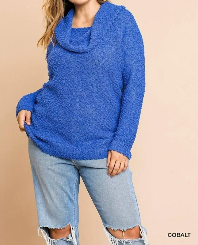 Plus Size Women's Open - Front Cardigan Style Sweater DressesCowl Neck Plus Nubby Sweater In Cobalt Blue