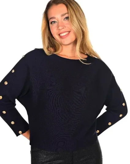 Short Sleeve Women's Cotton Blend Sweaters in Pastel ColorsFrank Lyman Navy Sweater W/ Gold Buttons