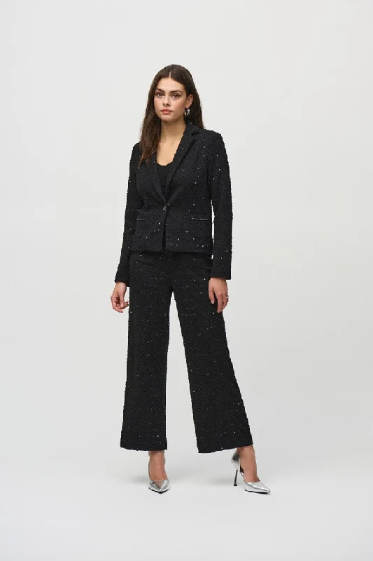 Open - Front Women's Cardigan - Style Mohair SweatersJoseph Ribkoff Black Sequin Bouclé Blazer with Chain Trim Detail