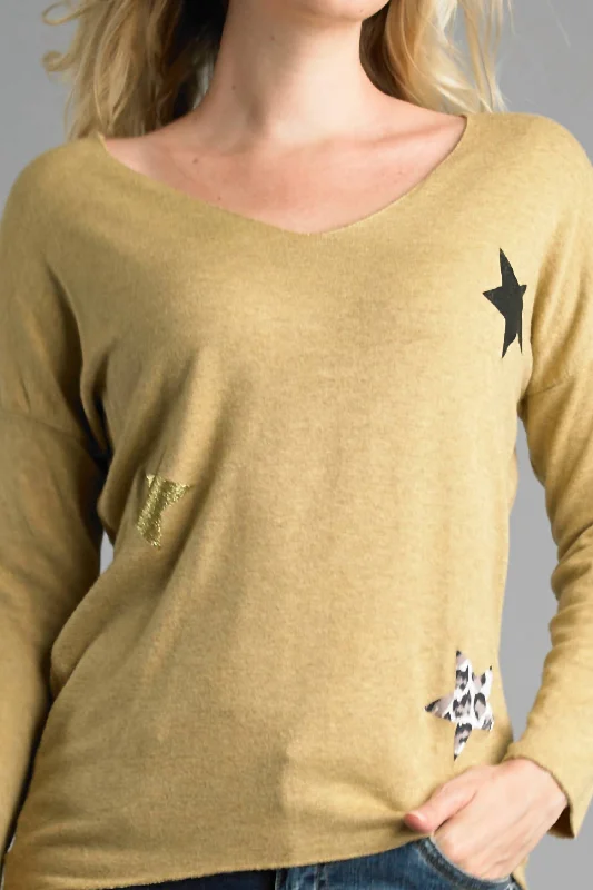 Longline Women's Mohair Sweater Dresses in a Loose FitLightweight V Neckline Sweater With Stars In Mustard