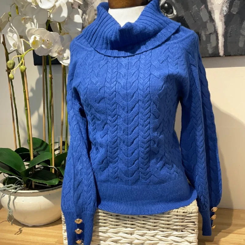 Hooded Women's Fleece - Lined Sweaters for WinterLT Adele Royal Blue T Neck Sweater W/ Gold Buttons