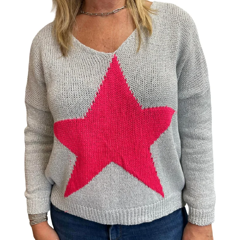 Women's Off - Shoulder Chunky Knit Sweater Dresses in Earth TonesLurex With Star Sweater In Silver/hot Pink