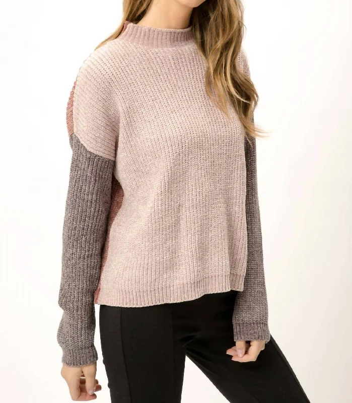 Belted Women's Cotton Blend Sweater Dresses for a Casual LookMock Neck Colorblock Sweater In Rose Grey Mix