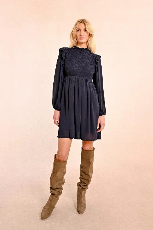 Boat Neck Women's Merino Wool Sweaters in Neutral ShadesMolly Bracken Short Smocked Dark Navy Dress