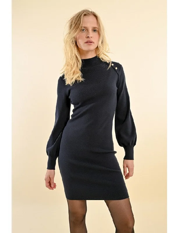 V - Neck Women's Ribbed Wool Sweaters for FallMolly Bracken Navy Blue Knitted Jumper Dress