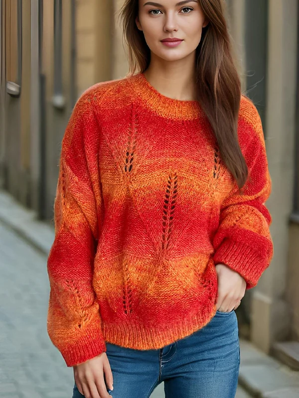 Button - Down Women's Shetland Wool Sweaters in Traditional PatternsOpenwork Round Neck Long Sleeve Sweater