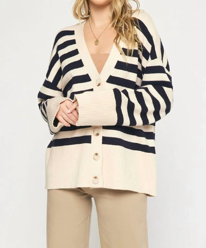 Plus Size Women's Tunic - Style Sweater Dresses with PocketsOversized Striped Cardigan In Natural / Navy