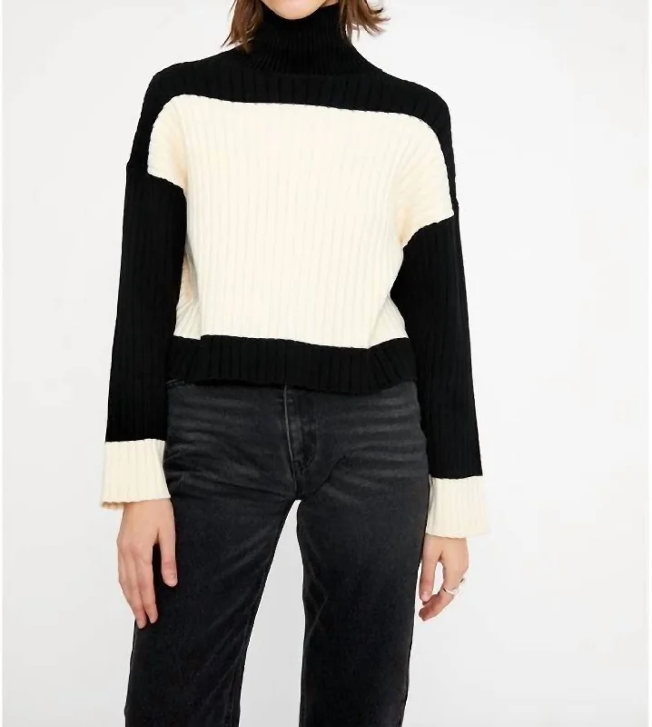 Longline Women's Mohair Sweater Dresses in a Loose FitRibbed High Neck Sweater In Two Tone Black