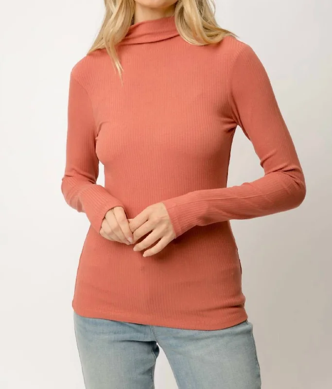 Longline Women's Mohair Sweater Dresses in a Loose FitRibbed Mock Neck Turtleneck In Terracotta