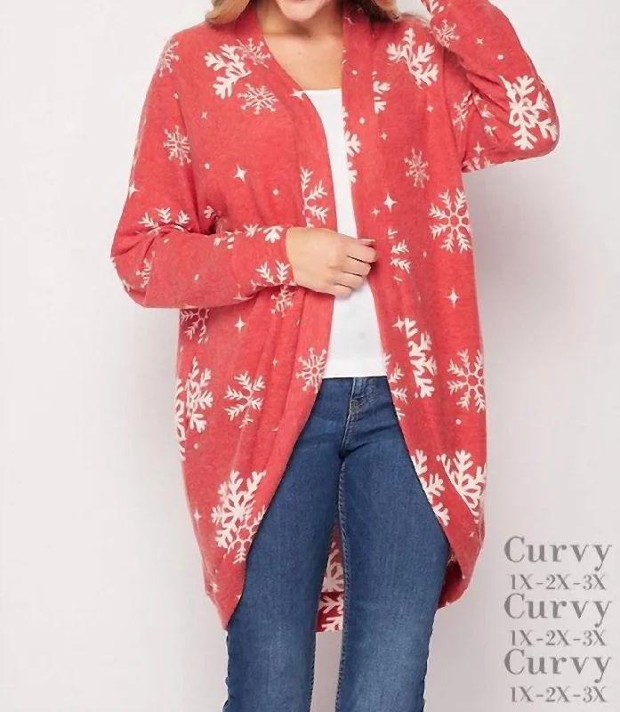 Plus Size Women's Fit - and - Flare Sweater Dresses with Ruffled HemSnowflake Plus Cardigan In Red