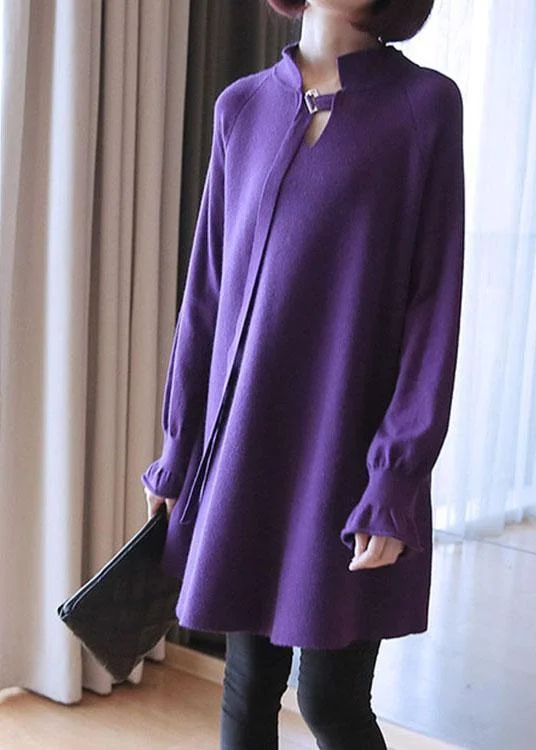 Open - Front Women's Cardigan - Style Mohair SweatersStylish Purple V Neck Patchwork Loose Fall Knit sweaters