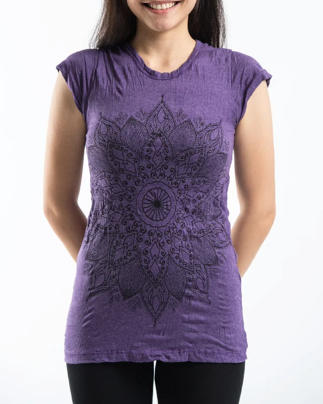 Crop Top Women T Shirt to Pair with High - Waisted BottomsWomens Lotus Mandala T-Shirt in Purple