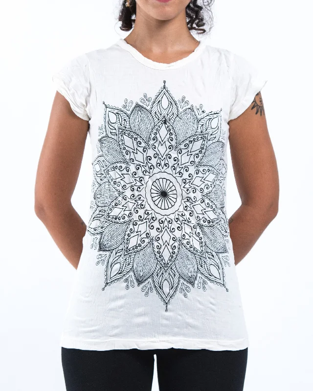 Floral Print Women T Shirt for a Feminine TouchWomens Lotus Mandala T-Shirt in White