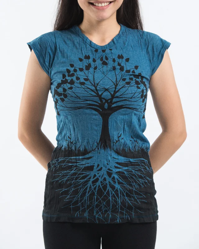 Ringer T Shirt Women with Retro - Inspired StripesWomens Tree of Life T-Shirt in Denim Blue