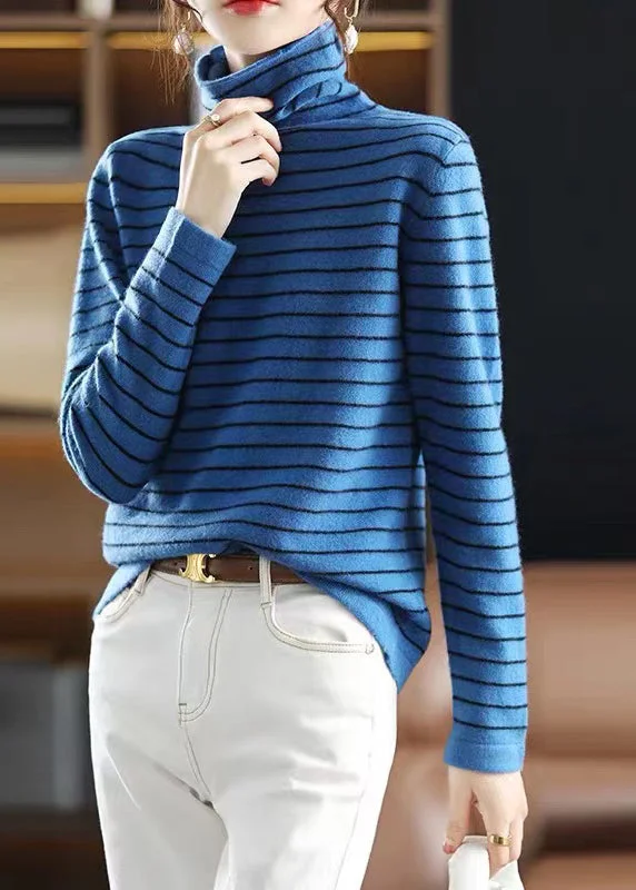 Open - Front Women's Cardigan - Style Mohair SweatersUnique Blue Striped Hign Neck Patchwork Woolen Knit Sweaters Fall