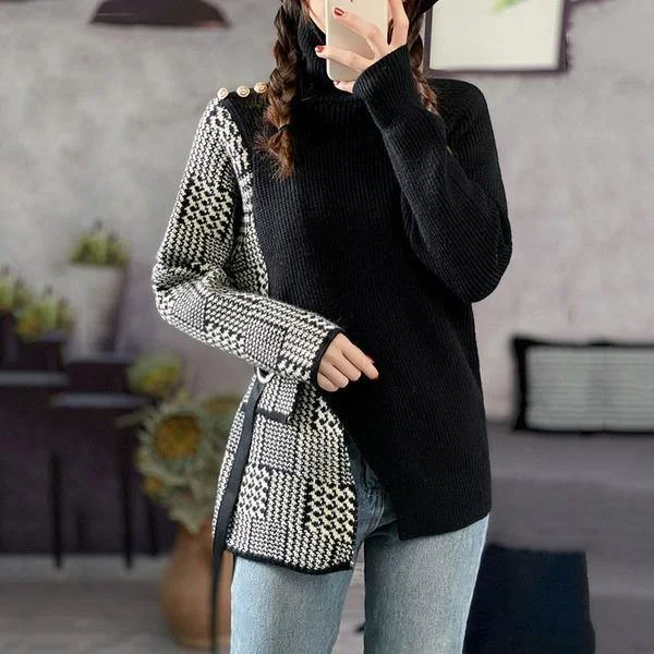 Plus Size Women's Embroidered Sweaters in Ethnic StylesVintage Patchwork Plaid Sweater Women  New Style Turtleneck Collar Long Sleeve Split Loose