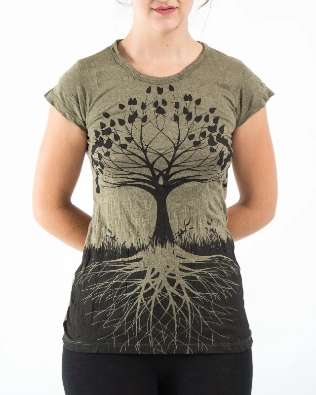 Long Sleeve Women T Shirt for Cooler WeatherWomens Tree of Life T-Shirt in Green