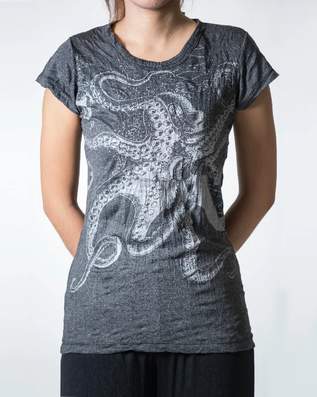 Organic Cotton Women T Shirt for Eco - Conscious WearersWomens Octopus T-Shirt in Silver on Black