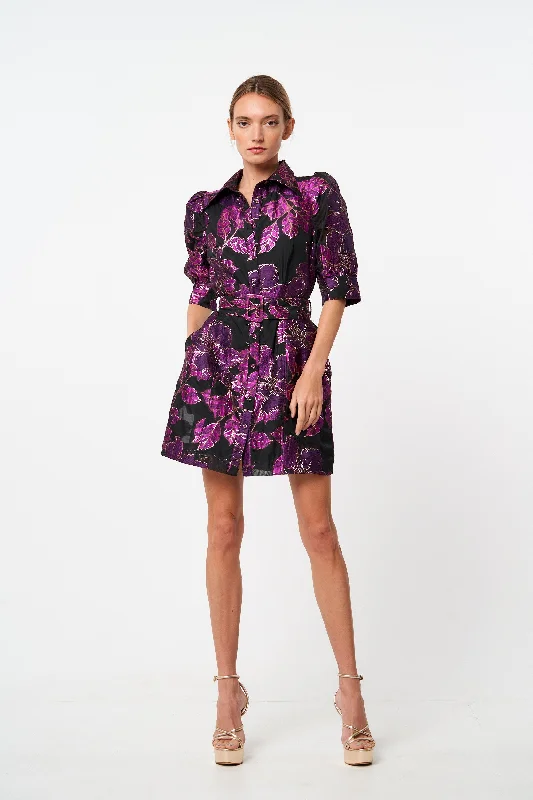 Pleated Women Dress with a Timeless and Elegant TextureBlack and Purple Print Collared Button Front Dress