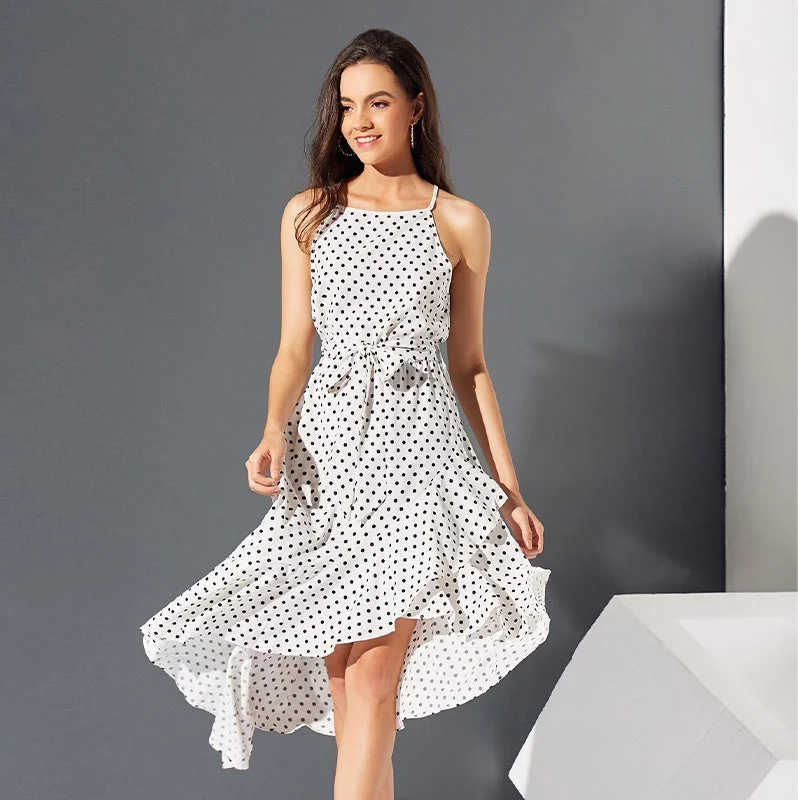 Sheath Women Dress with a Tailored Fit for a Professional LookKittenAlarm - Fashion Sleeveless Off Shoulder Dot Printing  Irregular Hem Belt Waist Dresses