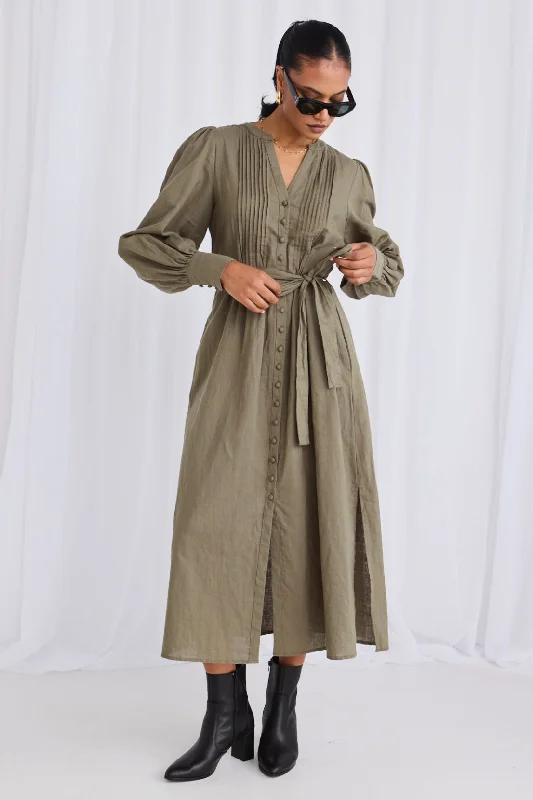 Long - Sleeve Women Dress in Velvet for a Luxurious Winter LookGuardian Soft Khaki Puff Sleeve Pintuck Midi Shirt Dress