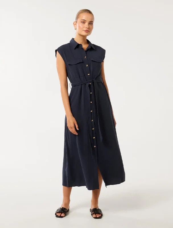 Pleated Women Dress with a Timeless and Elegant TextureMikayla Tie Belt Button Up Midi Dress