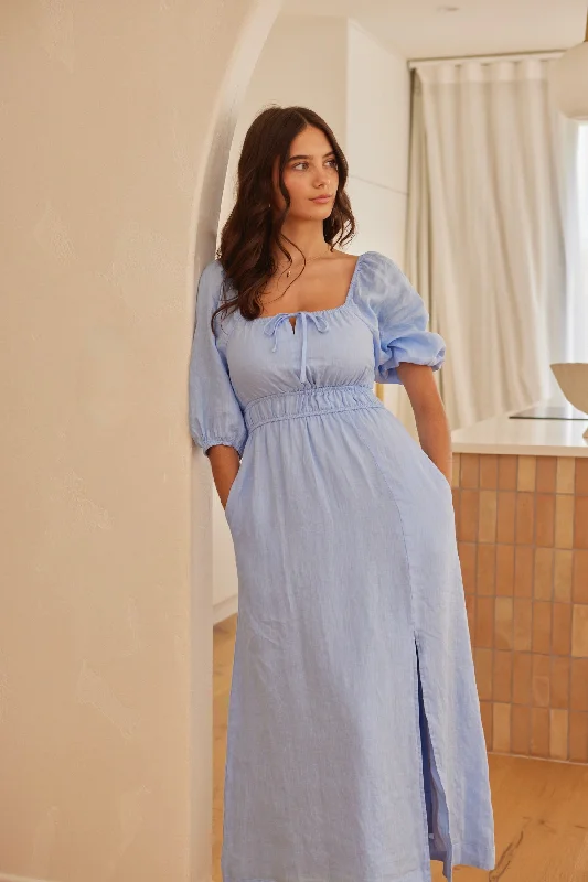 Ruffled Women Dress with Multiple Layers for a Playful and Girly StyleRoma Cornflower Blue Linen Ss Slim Fit Midi Dress