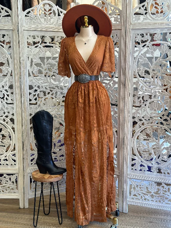 Ball Gown Women Dress with a Full Skirt for a Princess - like LookSheer Embroidered Rust Maxi Dress - Estira, Stretchy