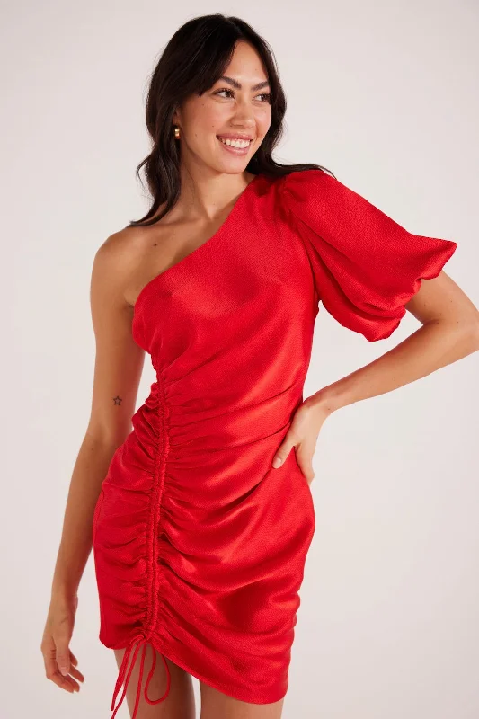 Halter Neck Women Dress to Show Off the Shoulders and NecklineSonia Red Satin One Shoulder Mini Dress