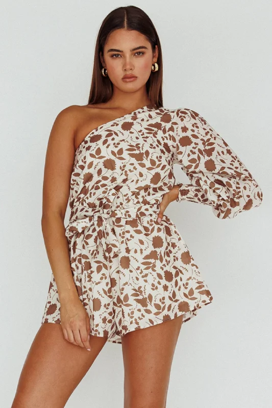 Lace - Embellished Women Dress for an Elegant and Sophisticated AppearanceSummer Lover One-Shoulder Romper Floral Brown