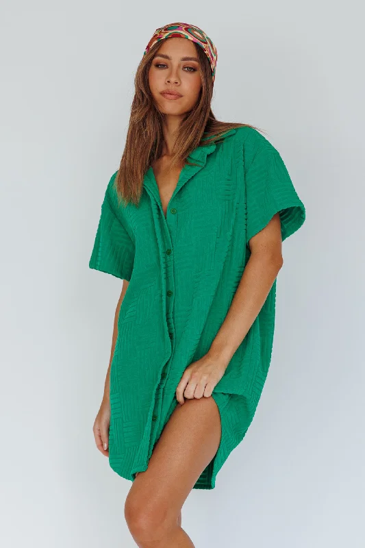 Pleated Women Dress with a Timeless and Elegant TextureSun Time Textured Shirt Dress Green