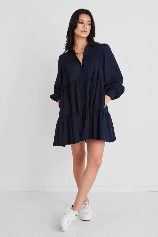 Maxi Women Dress with Floral Print for a Bohemian VibeValley Navy Linen Blend Shirt Style Tiered Mini Dress