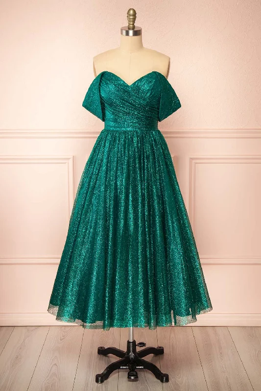 Halter Neck Women Dress to Show Off the Shoulders and NecklineAnastriana Green | Sparkly Off-Shoulder Midi Dress