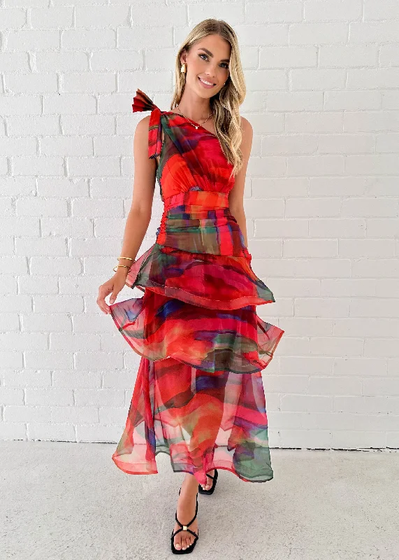 Printed Abstract Women Dress for a Modern and Artistic AppealBailee One Shoulder Midi Dress - Sangria