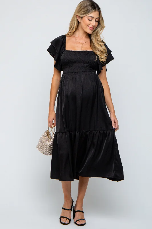 Plus Size Women Dress with a Flattering A - Line Cut for Comfort and StyleBlack Satin Flutter Sleeve Maternity Midi Dress