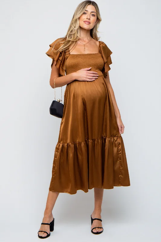 Lace - Embellished Women Dress for an Elegant and Sophisticated AppearanceCamel Satin Flutter Sleeve Maternity Midi Dress