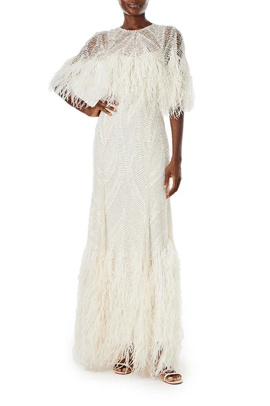 Ruffled Women Dress with Multiple Layers for a Playful and Girly StyleFeathered Capelet Gown