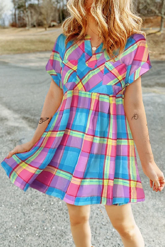 Strapless Women Dress with a Built - in Bra for Comfort and SupportPlaid Short Sleeve Mini Dress