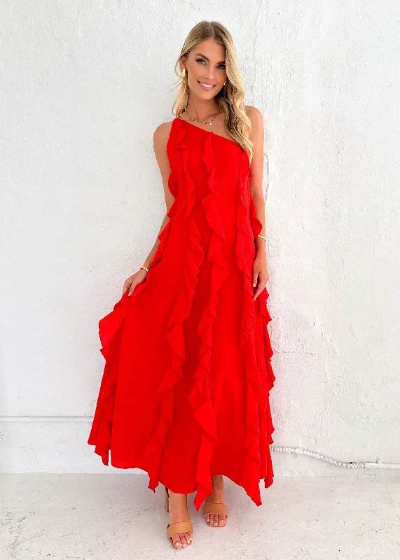 Ball Gown Women Dress with a Full Skirt for a Princess - like LookMadro One Shoulder Midi Dress - Red