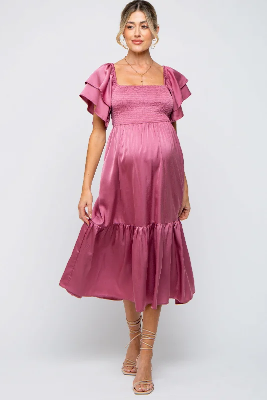 Lace - Embellished Women Dress for an Elegant and Sophisticated AppearanceMauve Satin Flutter Sleeve Maternity Midi Dress